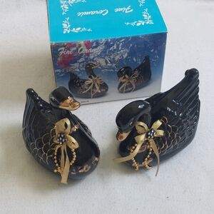 Pair Of Elegant Black and Gold Swan Figurines NIB